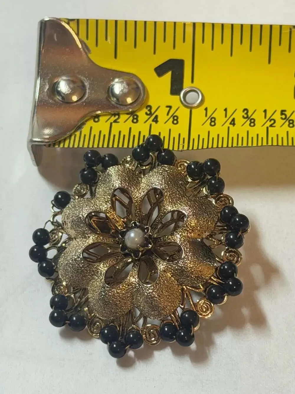 Vtg Gold-Tone Flower Mourning Brooch Black Glass Beads / Faux Pearl 1.25